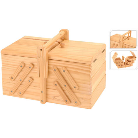 Boîte de rangement couture en bois de pin naturel – Compartiments multiples pour fils et accessoires – Dimensions 30x17,5x19 cm – Excellent