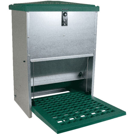 Mangeoire anti-nuisibles pour poules 12 kg – Tôle galvanisée résistante aux intempéries – Système anti-pluie – Ouverture par pédale – Olba