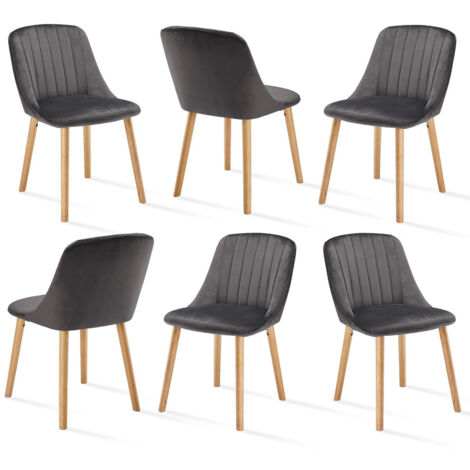 Goeurvant – Lot de 6 chaises de salle à manger modernes – Coussin épais en velours – Dossier ergonomique – Pieds en bois – Gris foncé
