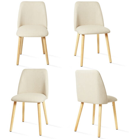 Goeurvant – Lot de 4 chaises de salle à manger minimalistes – Revêtement en lin respirant – Pieds en bois massif – Dossier ergonomique – Crème