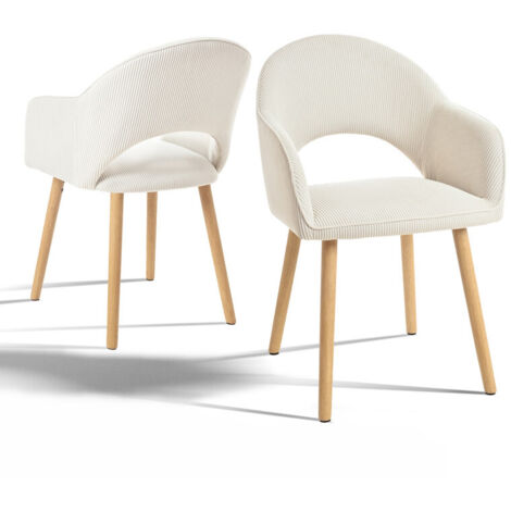 Goeurvant – Lot de 2 chaises de salle à manger confortables – Dossier semi-lunaire et accoudoirs ergonomiques – Bois massif et tissu de qualité – Blanc (1/5)