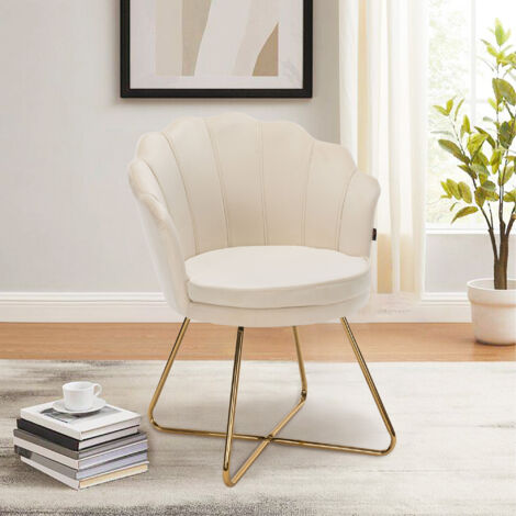 Hawthyhome Polstersessel Esszimmerstühle, Stuhl Schminktisch, Stuhl Samt, Blütenblatt-Rückenlehne Lehnstuhl mit Metallbeinen Gold, Bis 150 KG Belastbar Beige