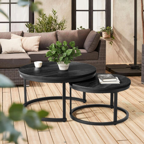 2 Stücke Beistelltisch Set rund, Couchtisch aus Holz mit Metallrahmen,Moderne Kaffeetische Satztische für Wohnzimmer Schlafzimmer Schwarz