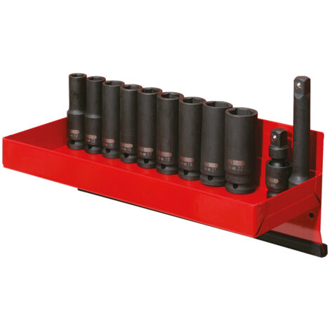 KS Tools - Présentoir de 10 douilles à chocs longues 1/2'', 12 à 22 mm, cardan et rallonge - 515.0612