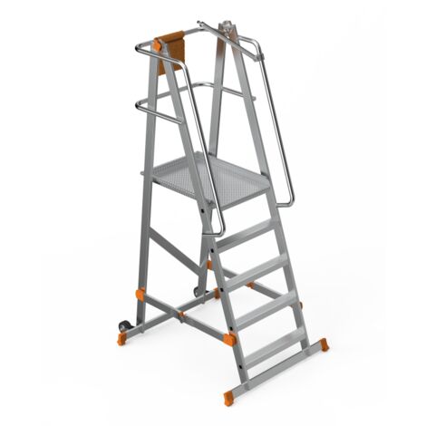 Escabeau à plateforme roulante pliable en aluminium renforcé – 4 marches + plateforme antidérapante (570 x 620 cm), H.132 cm avec garde-corps de sécurité – SARAYLI 8104