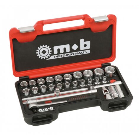 Mob Outillage – Coffret cliquet et douilles 28 pièces – Cliquet premium 72 dents – Douilles 6 pans de 8 à 32 mm – Mousse haute densité