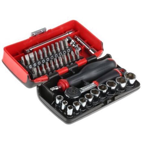 Facom – Jeu de clés à douille 1/4" 38 pièces – Cliquet à manche 72 dents – Angle de rotation 5° – Douilles SW 5.5 à 14 mm