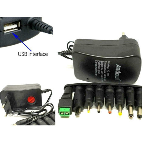 TRADE SHOP - Alimentatore Universale 3v 4.5v 5v 6v 7.5v 9v 12v 1000ma 12w Usb - 8 Adattatori -