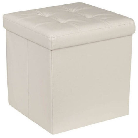 TRADE SHOP - Pouf Contenitore Ecopelle Cubo Pieghevole 35x35x35 Cm Beige 4 Punti Trapuntato -