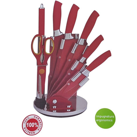 TRADE SHOP - Set Coltelli Con Ceppo 8 Pezzi Royalty Line Acciaio Rivestito Rosso Espositore -