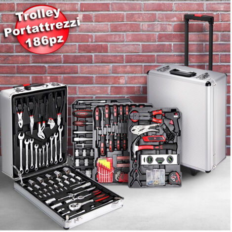 TRADE SHOP - Set Attrezzi 186pz Trolley Valigia Portattrezzi Cassetta Portautensili Lavoro -