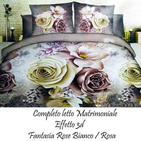 TRADE SHOP - Completo Letto 3d Lenzuola Matrimoniale Sotto Sopra Copricuscini Rose Colorate -