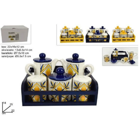 TRADE SHOP - Set 5 Pz Menage In Ceramica Decorata Fantasia Maiolica Con Espositore Supporto -