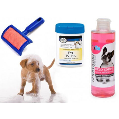TrAdE Shop Traesio - Kit Pulizia Cani Shampoo Azione Addolcente Salviettine Spazzola Cardatore Pelo Corto -