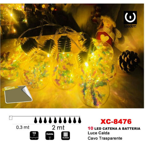 TRADE SHOP - Catena Luminosa Lampadine Bulbo 10led Batteria Luce Calda Cavo Traparente Xc-8476 -