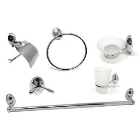 TRADE SHOP - Set Bagno Moderno Acciaio Cromato Vetro Satinato 6pz Porta Rotolo Sapone 52918 -