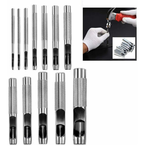 TRADE SHOP - Set 12 Fustelle Punzoni In Acciaio Per Cuoio Lamiere Stoffa Pelle Legno 3-19 Mm -