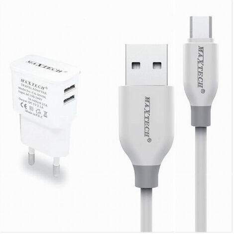 TRADE SHOP - Kit Caricabatterie Da Muro 2 Porte Usb 2.1a + Cavo Micro Usb 1mt Maxtech Ca-s039 - (1/3)