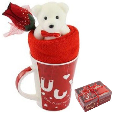 TrAdE Shop Traesio - Tazza Orsetto Bianco In Peluche Fiore Confezione Regalo Per San Valentino 63298 - (1/3)