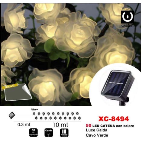 TRADE SHOP - Catena Luminosa 50led Rose Luminose Ricarica Ad Energia Solare Luce Calda Xc-8494 -