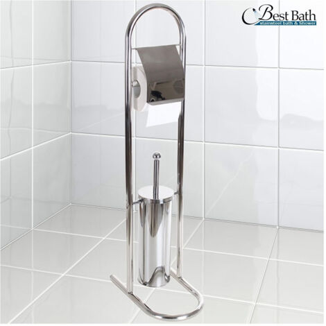TRADE SHOP - Piantana Porta Rotolo Con Scopino Da Bagno Metallo Lucido Cromato Bagno Wc 80 Cm -