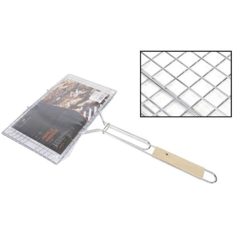 TRADE SHOP - Griglia Barbecue Doppia Manico Legno Graticola Grigliata Pesce Arrosto 34,5x22cm -