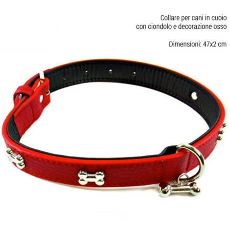 TRADE SHOP - Collare Per Cani Cuccioli Gatti Animali In Cuoio 47 Cm Vari Colori Ciondolo Osso -