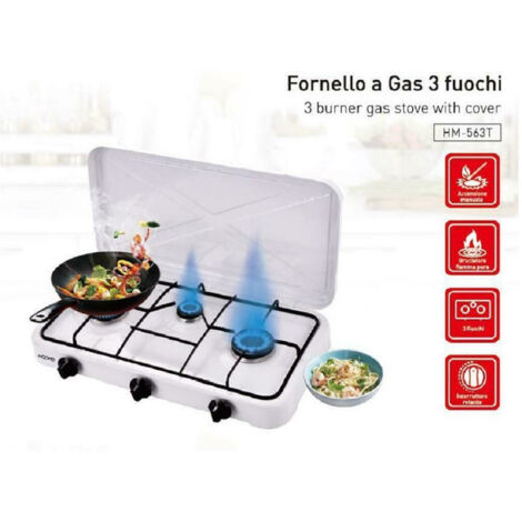 TRADE SHOP - Fornello A Gas Tre Fuochi Fiamma Regolabile Coperchio Antipolvere Piastra -
