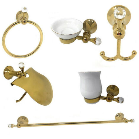 TRADE SHOP - Set 6 Accessori Da Bagno In Acciaio Oro E Ceramica Cristalli In Acrilico 59238 -