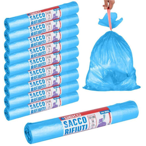 TRADE SHOP - Rotoli Sacchetti Buste Per Spazzatura 115lt 72x105cm Chiusura Con Laccetto Blu -