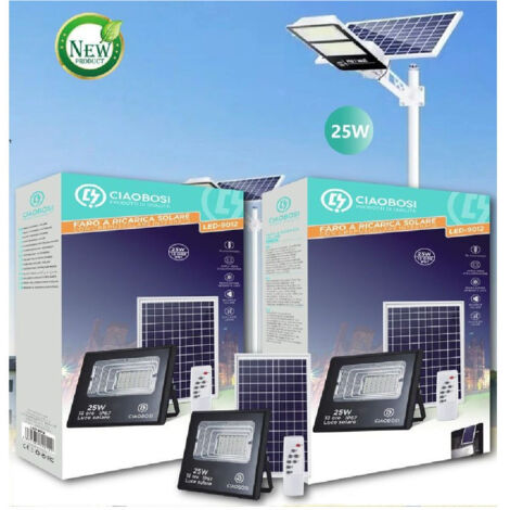 TRADE SHOP - Faro Faretto Led Pannello Solare Fotovoltaico 25w Con Crepuscolare Ip67 Led-9012 -