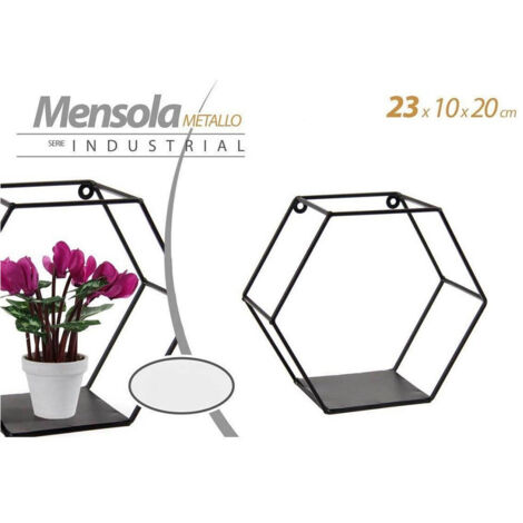TRADE SHOP - Mensola Esagonale Bacheca Parete Metallo Classico Moderno Nero 23x10x20cm 822193 - (1/2)