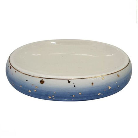 TRADE SHOP - Piatto Piattino Porta Sapone Saponetta Bagno In Ceramica Bianco Blu Arredo 79968 -