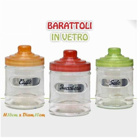 TRADE SHOP - Tris Barattoli 3 Contenitori Caffè Zucchero Sale Vetro Tappo Colorato -