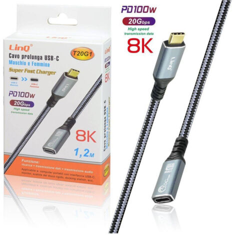 TRADE SHOP - Cavo Prolunga Usb-c Maschio Femmina Type-c 8k Ricarica Pd100w 1,2mt 20gbps T20g1 -