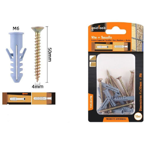 TRADE SHOP - Set 10 Pezzi Viti Vite 4 X 50 Mm + Tasselli Con Alette Tassello M6 Fischer 57201 - (1/2)
