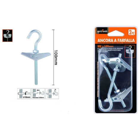 TRADE SHOP - Set 2pz Ancora A Farfalla Con Gancio Acciaio Con Dado Rondella M6 X 100 Mm 57230 -