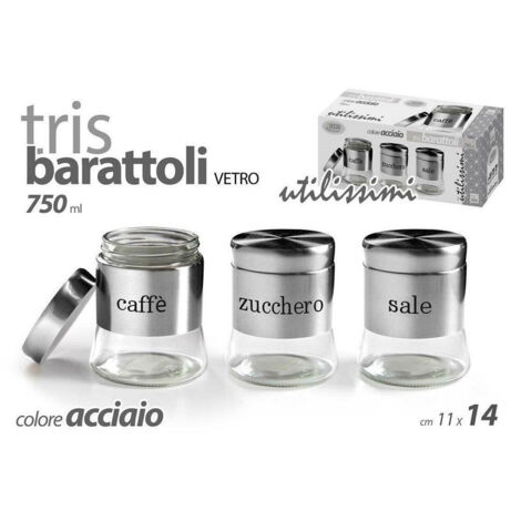TRADE SHOP - Tris Barattoli Barattolino 750ml 11x14cm Vetro Sale Zucchero Caffe 772016 Acciaio -