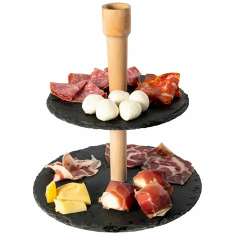 TrAdE Shop Traesio - Alzatina Stand Porta Dolci Rustici 2 Piani In Ardesia 20/25cm Legno Finger Food - (1/2)