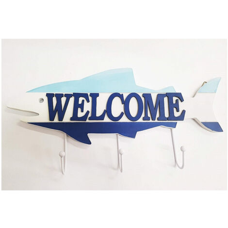 TRADE SHOP - Attaccapanni Appendino 3 Ganci Parete Legno Pesce Welcome Stile Marino -
