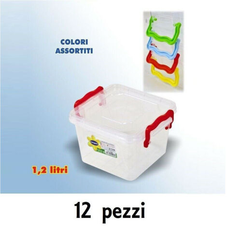 TRADE SHOP - Set 12 Contenitori Plastica 1200ml Cibo Alimenti Frigorifero Quadrati Manici -