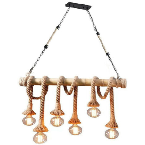 TRADE SHOP - Lampadario Country 6 Portalampada E27 Lampada Soffitto Vintage Legno Corda B23-6 -