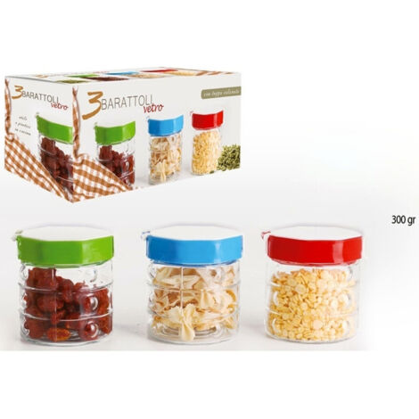 TRADE SHOP - Tris Di Barattoli Vetro Con Coperchio Colorato Quadri Sale Zucchero Caffe' Dolci -