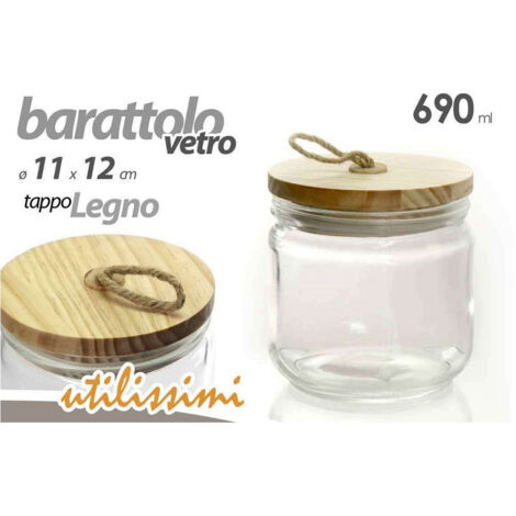 TRADE SHOP - Barattolo Ermetico Tappo Legno In Vetro Contenitore Cucina 690 Ml 11x12cm 731068 -