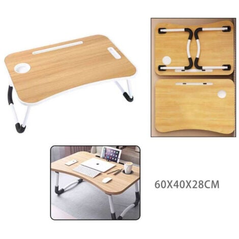 Tavolino Pieghevole In Bambù Per Laptop - Regolabile Con Vano Carica E Portabibite - Foto 4