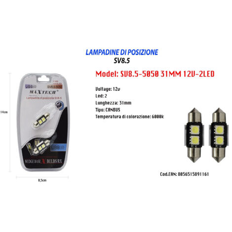 TRADE SHOP - Lampadine Di Posizione Maxtech Sv8.5-5050 12v 2led 31mm Lampadine Ultra Luminose -