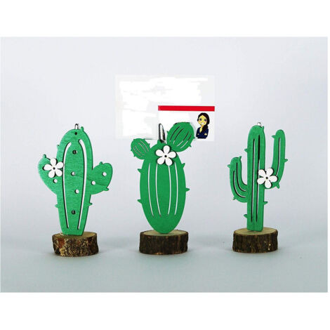 TRADE SHOP - Portafoto Cactus Fiore 3pz Base Legno Decorazione Segnaposto Segnatavolo Bomboniera -