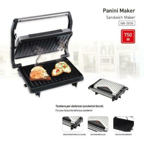 TRADE SHOP - Bistecchiera Elettrica Piastra Per Panini 750 Watt Toast Con Apertura Basculante -