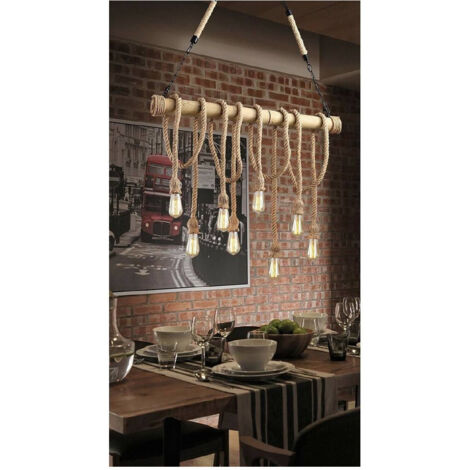 TRADE SHOP - Lampadario Country 8 Portalampada E27 Lampada Soffitto Retro Legno Corda B23-8 -