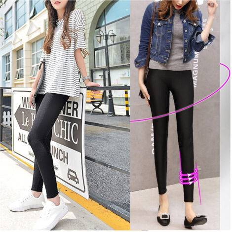 TRADE SHOP - 3x Leggings Mod.kz-156 Da Donna Comodi Eleganti Leggermente Lucidi Colore Nero - S-M (1/4)